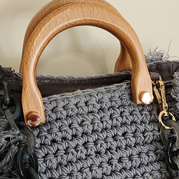 Monserat DeLucca Cable Knit Woven Slouch Hobo Purse Acrylic Crossbody Strap Grey - Picture 4 of 12